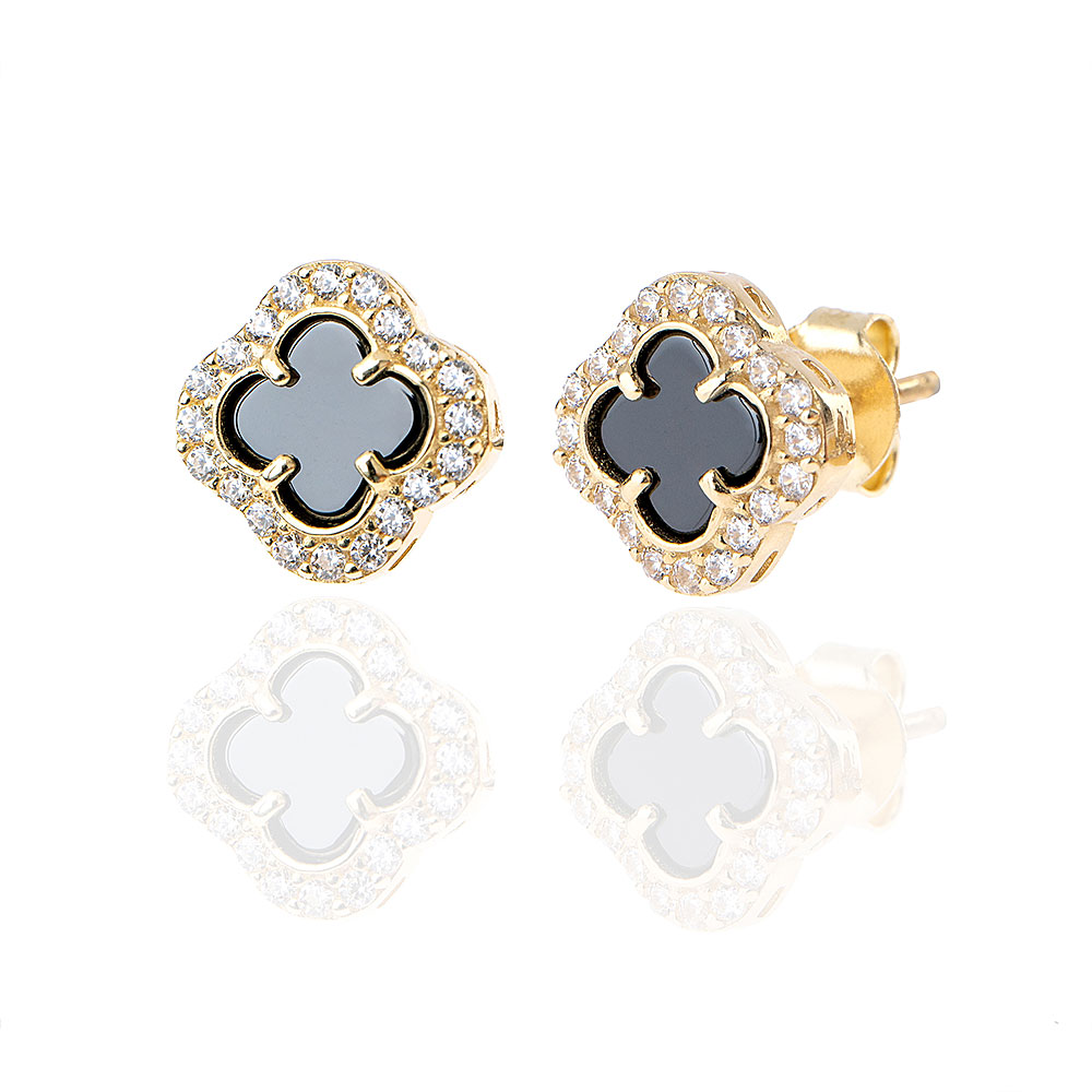 Cercei-aur-14K-Trifoi-Onix-Zirconiu-cod-242 Cercei aur 14K Trifoi Onix Zirconiu - imagine 1